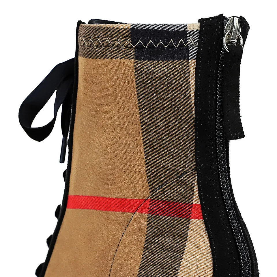Hot Plaid Patchwork Flock Leather Boots Women's Fashion 8cm High Heels Ankle Pumps Pointed Toe Lace-Up Casual Ladies Short Boots
