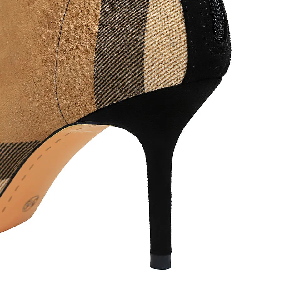 Hot Plaid Patchwork Flock Leather Boots Women's Fashion 8cm High Heels Ankle Pumps Pointed Toe Lace-Up Casual Ladies Short Boots