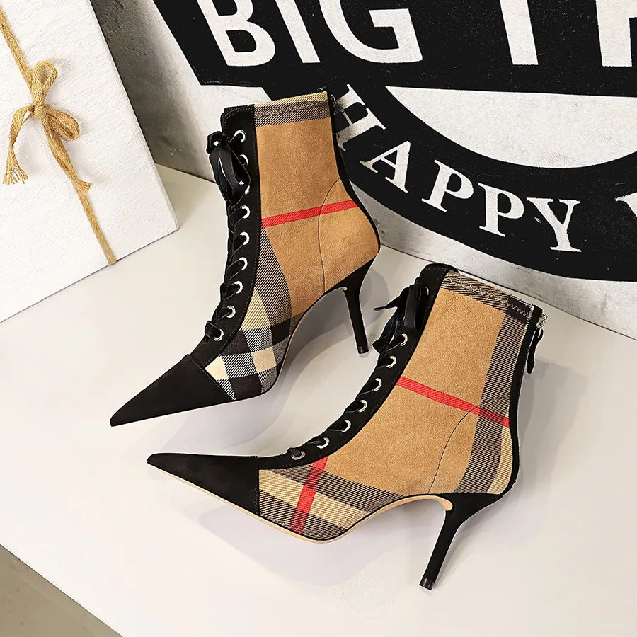 Hot Plaid Patchwork Flock Leather Boots Women's Fashion 8cm High Heels Ankle Pumps Pointed Toe Lace-Up Casual Ladies Short Boots