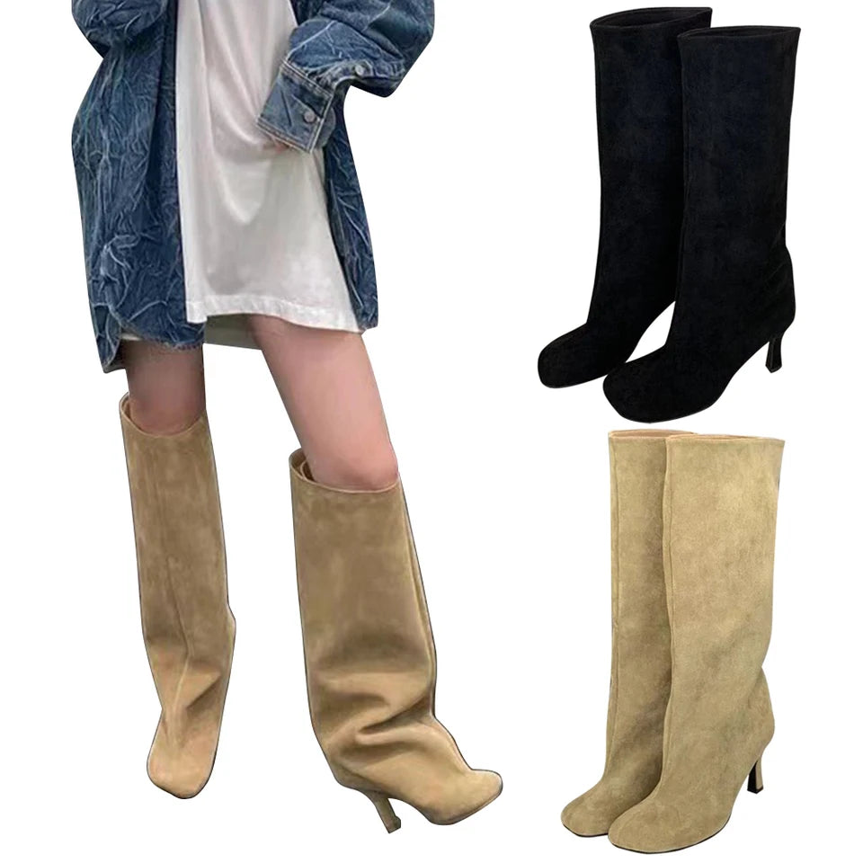 Women Knee High Boots Wide Calf Stiletto Boots Square Toe Pull On High Heel Boots All Matched Non Slip for Outdoor Travel