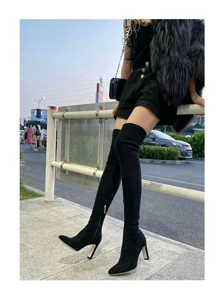 2025 Autumn and Winter New Over Knee Elastic Boots Women's High Heeled Pointed Knee Boots Slim And Versatile Boots