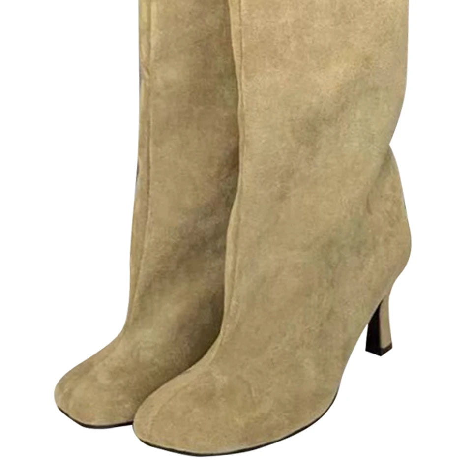 Women Knee High Boots Wide Calf Stiletto Boots Square Toe Pull On High Heel Boots All Matched Non Slip for Outdoor Travel
