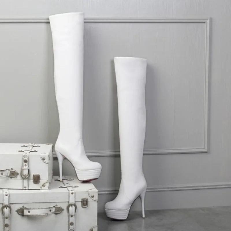 2025 Sexy Black Platform Over-the-knee Long Boots Ladies Stiletto 12cm High Heel Nightclub Women Shoes Stripper Plus Size 44 45