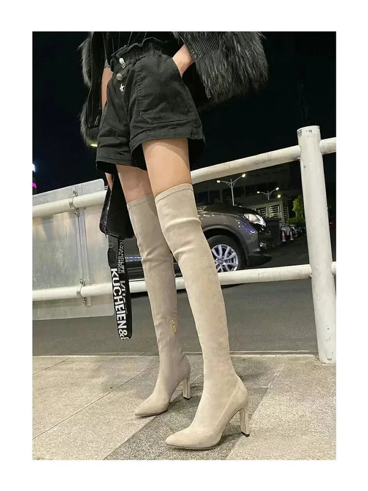 2025 Autumn and Winter New Over Knee Elastic Boots Women's High Heeled Pointed Knee Boots Slim And Versatile Boots