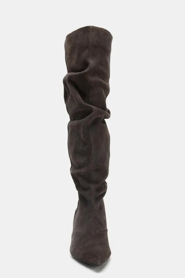Winter Pleated Suede Knee High Boots Women Retro Brown Pointed Toe Kitten Heels Boots Designer Comfortable Light Botas Mujer