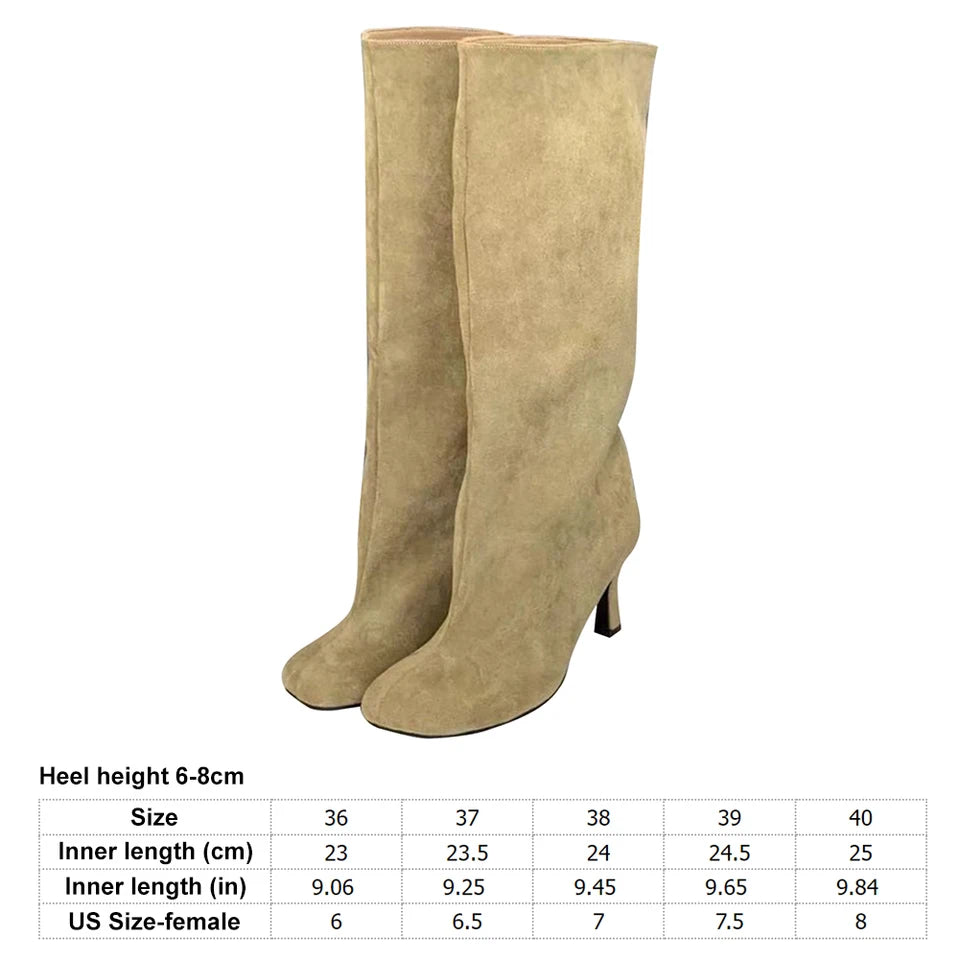 Women Knee High Boots Wide Calf Stiletto Boots Square Toe Pull On High Heel Boots All Matched Non Slip for Outdoor Travel