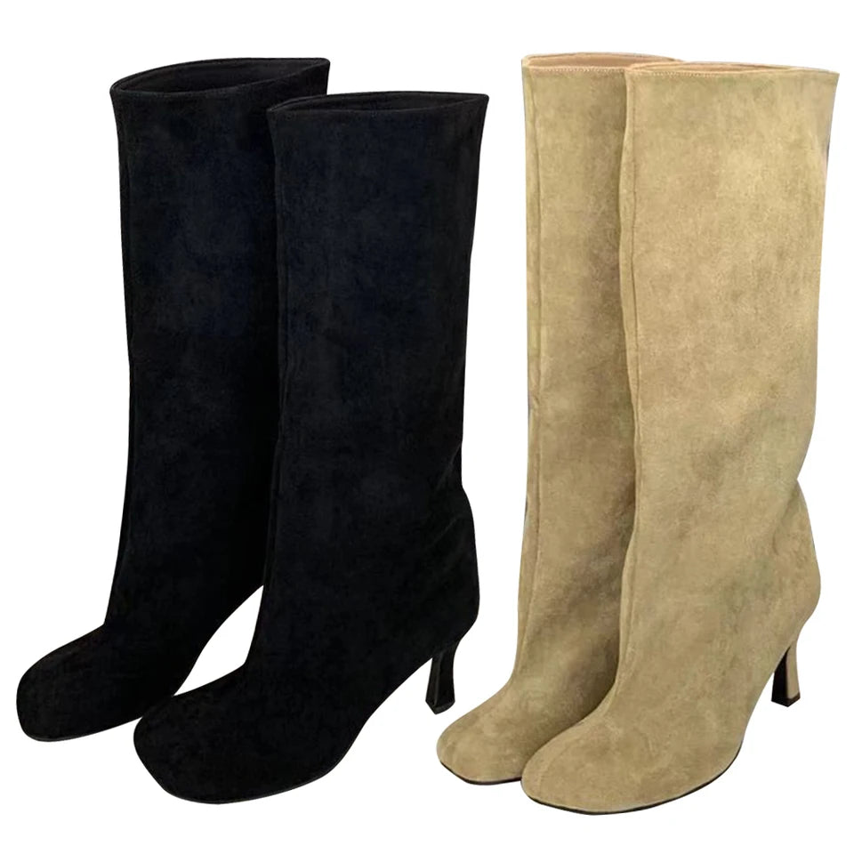 Women Knee High Boots Wide Calf Stiletto Boots Square Toe Pull On High Heel Boots All Matched Non Slip for Outdoor Travel