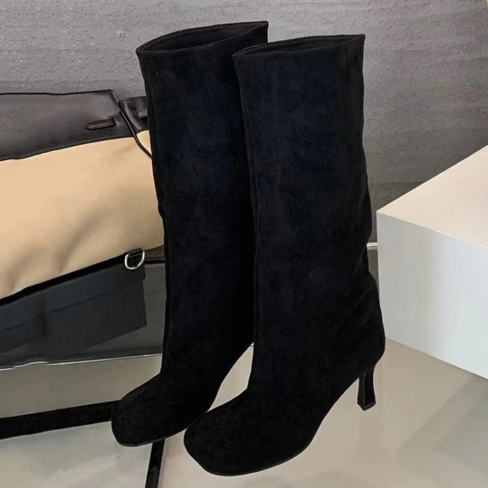 Women Knee High Boots Wide Calf Stiletto Boots Square Toe Pull On High Heel Boots All Matched Non Slip for Outdoor Travel