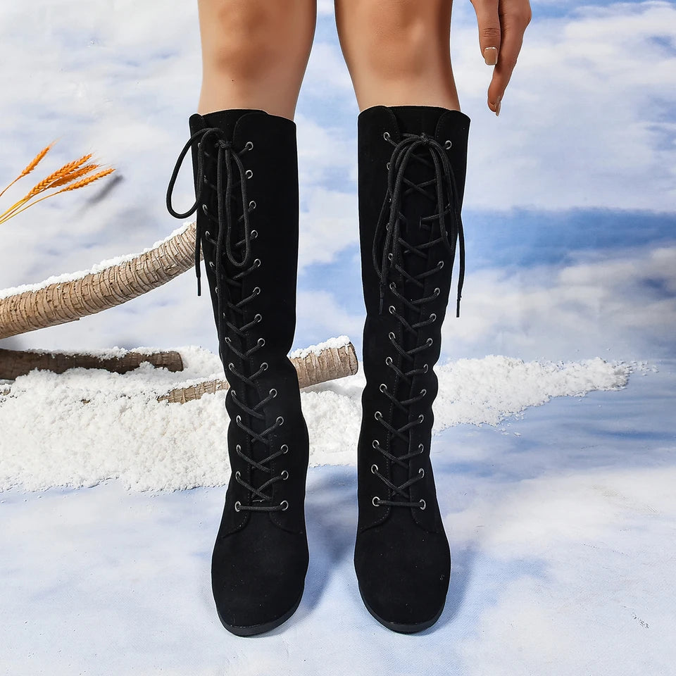 2024 New Autumn Trend Comfortable Designer Mid-calf Fashion Boots Woman Middle Heels Knee High Lace Up Boots Shoes for Women