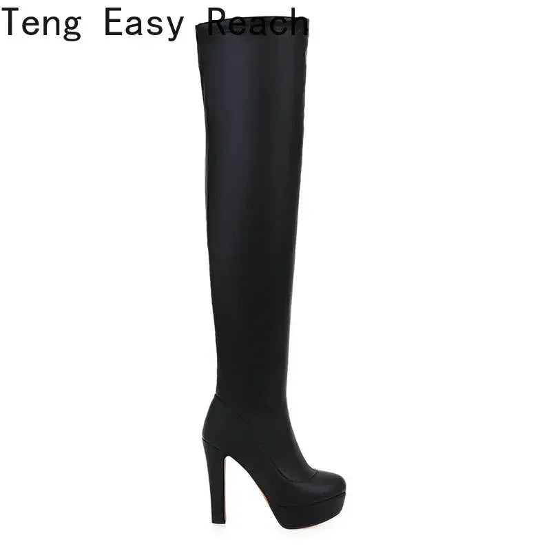 White Platform Women Boots Stertch Pu Leather Over The Knee Boots Fashion Square High Heel Long Boots Autumn Winter Zip Shoes