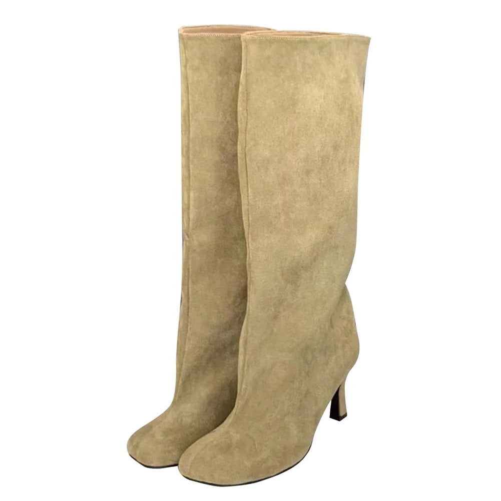 Women Knee High Boots Wide Calf Stiletto Boots Square Toe Pull On High Heel Boots All Matched Non Slip for Outdoor Travel