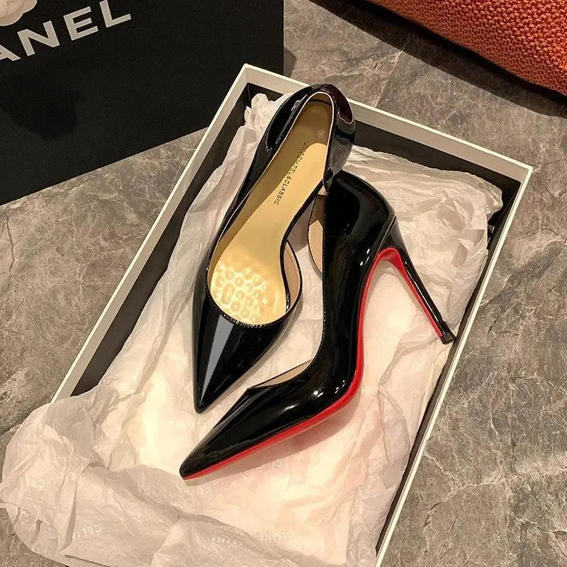 Black Red Bottom High Heels Women's Autumn Winter New Side Empty Pointed Toe Thin Heel New Professional Single Shoes