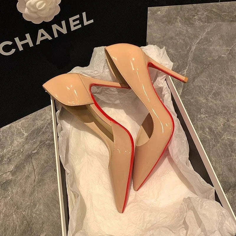 Black Red Bottom High Heels Women's Autumn Winter New Side Empty Pointed Toe Thin Heel New Professional Single Shoes