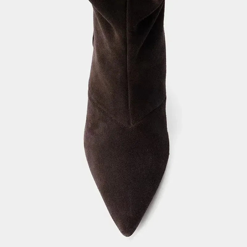Winter Pleated Suede Knee High Boots Women Retro Brown Pointed Toe Kitten Heels Boots Designer Comfortable Light Botas Mujer