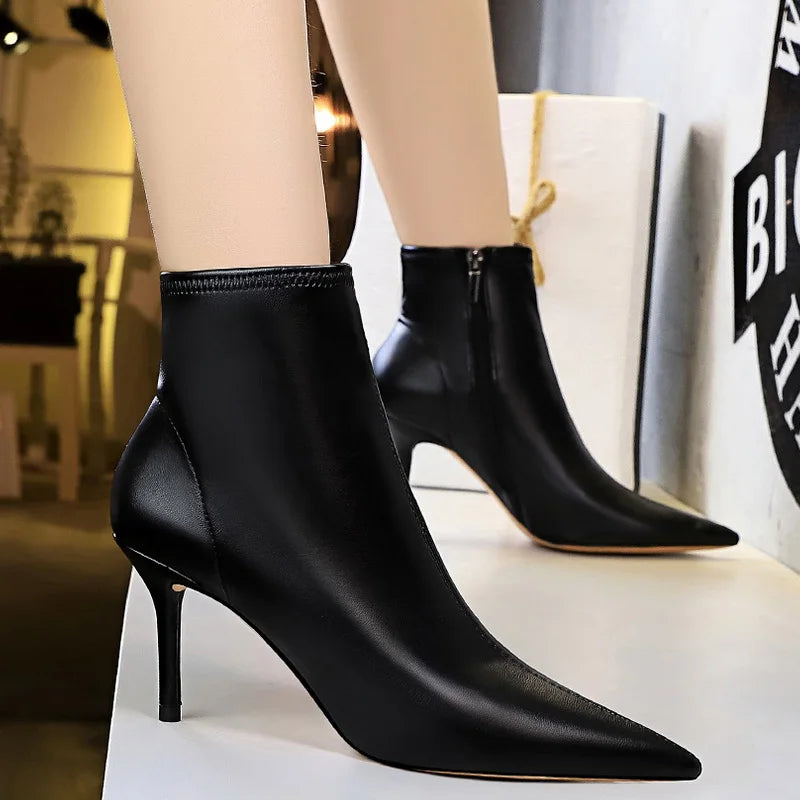 BIGTREE Shoes Leather Boots Women High-Heeled Boots Keep Warm Winter Boots Pointed Toe Stiletto High Heels Women Ankle Boots