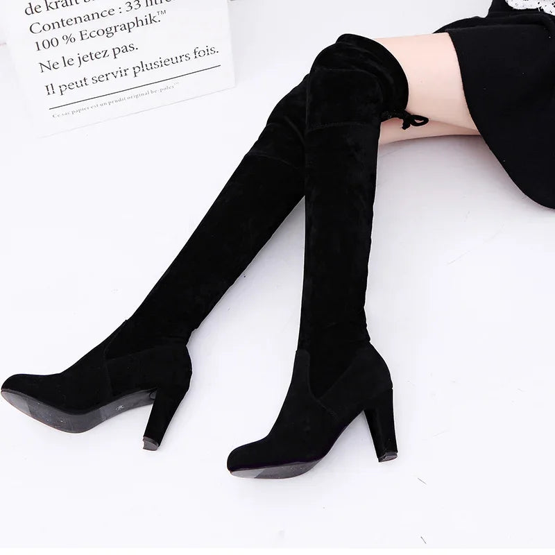 Thick Sole Knitted Long Boots for Women Fashion Elastic Socks Shoes Boots Over Knee Heels Botas De Mujer 2024 Pointed High Heels