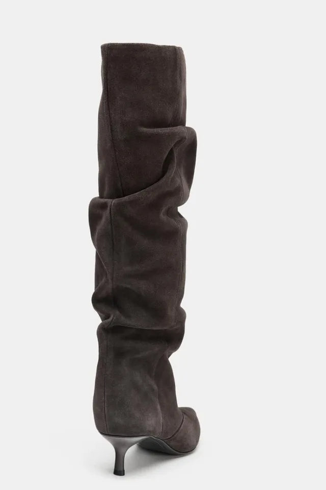 Winter Pleated Suede Knee High Boots Women Retro Brown Pointed Toe Kitten Heels Boots Designer Comfortable Light Botas Mujer