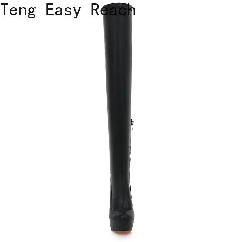 White Platform Women Boots Stertch Pu Leather Over The Knee Boots Fashion Square High Heel Long Boots Autumn Winter Zip Shoes