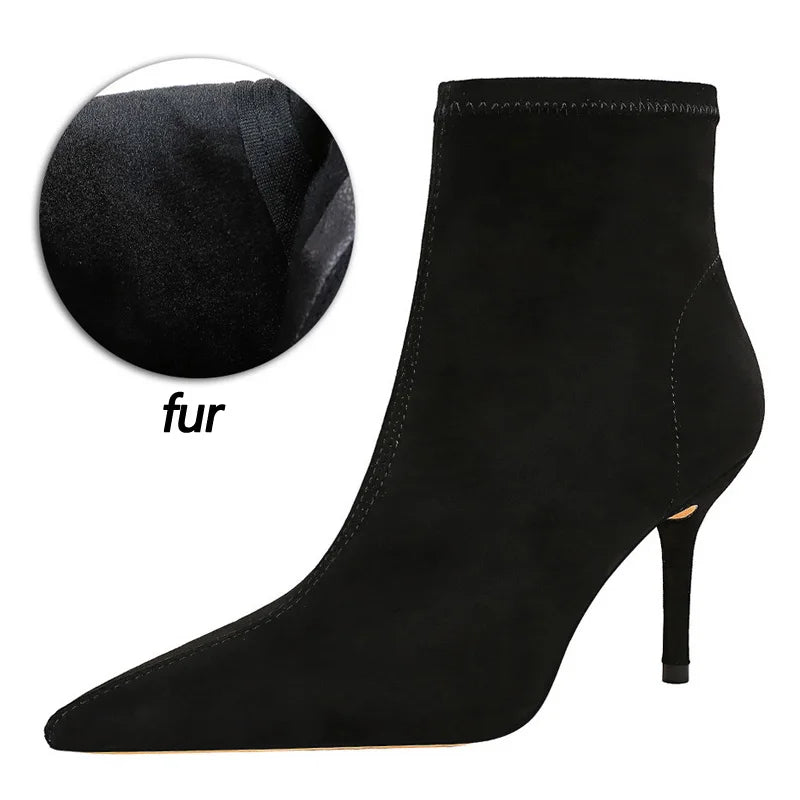 BIGTREE Shoes Leather Boots Women High-Heeled Boots Keep Warm Winter Boots Pointed Toe Stiletto High Heels Women Ankle Boots