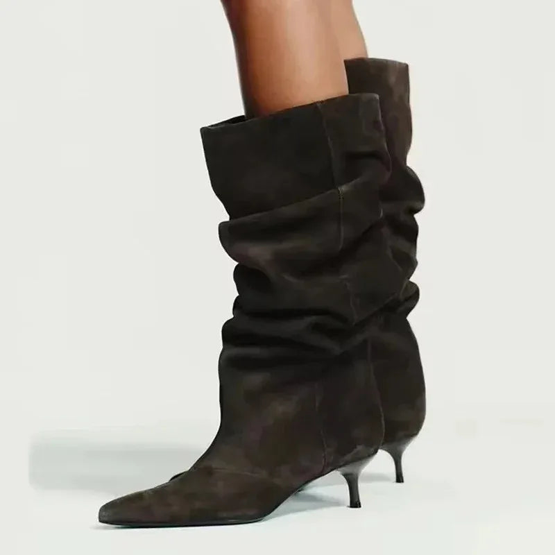 Winter Pleated Suede Knee High Boots Women Retro Brown Pointed Toe Kitten Heels Boots Designer Comfortable Light Botas Mujer