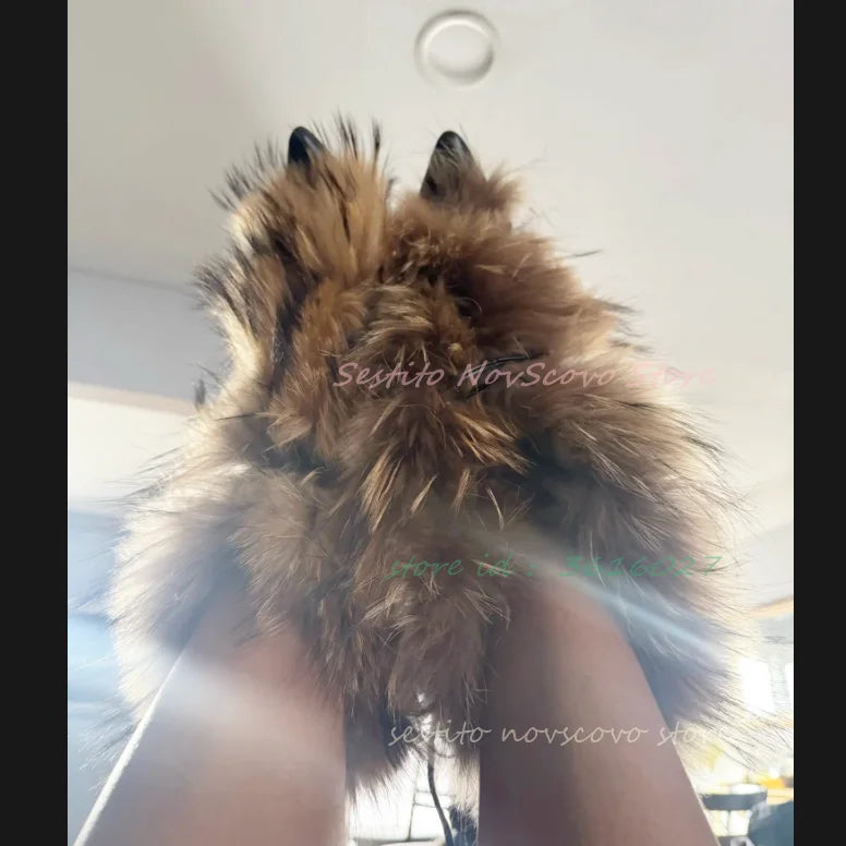 Pointed Toe Fur Mid Calf Boots Stiletto Heels Ankle Straps Fashion Warm Shoes In Winter Solid Plush Sexy Party Dress Shoes