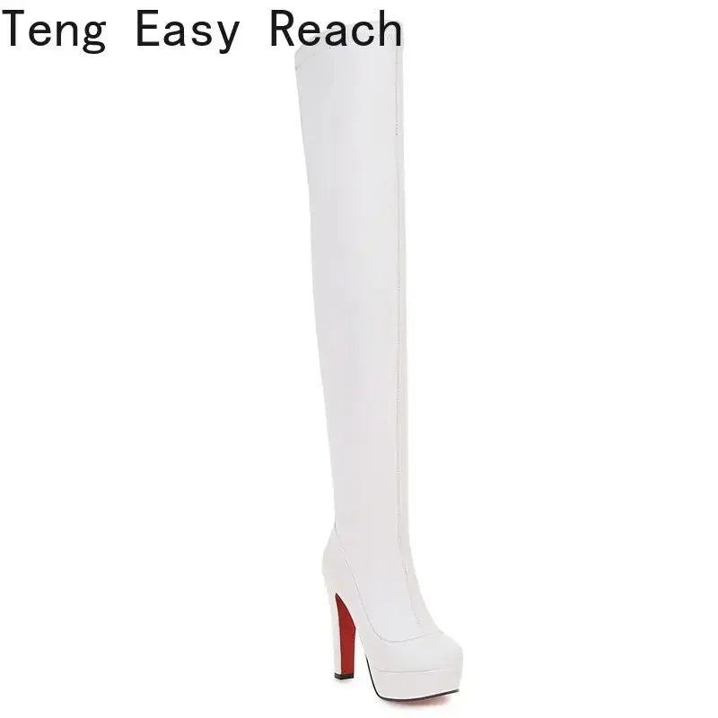White Platform Women Boots Stertch Pu Leather Over The Knee Boots Fashion Square High Heel Long Boots Autumn Winter Zip Shoes