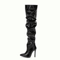 Over-the-knee Boots Women Fashion Pointed Toe Black Side Zipper Thin High Heels Female Shiny Pleated High Heel Botas 2024