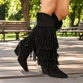 Women's Retro Fringe Knee High Cowboy Boots Fashion Pointed Toe Block Chunky High Heels Pull On Vintage Western Cowgirl Boots