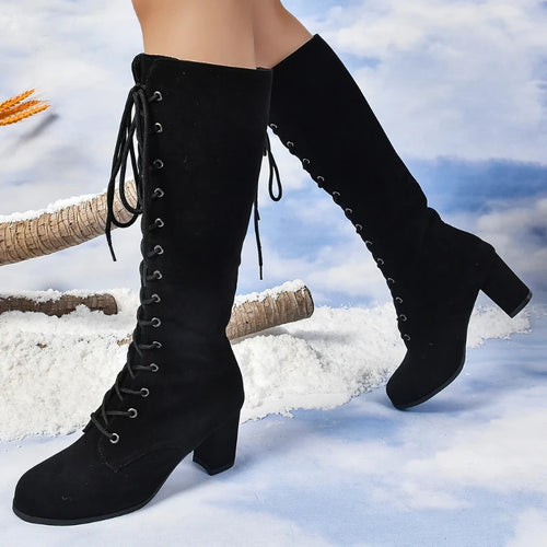 2024 New Autumn Trend Comfortable Designer Mid-calf Fashion Boots Woman Middle Heels Knee High Lace Up Boots Shoes for Women