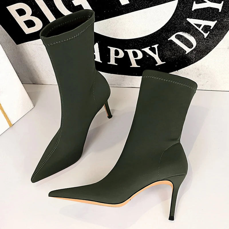 Women 7.5cm 10cm High Heels Silk Sock Boots Green Low Heels Short Ankle Boots Lady Stripper Winter Pointed Toe Satin Sexy Shoes