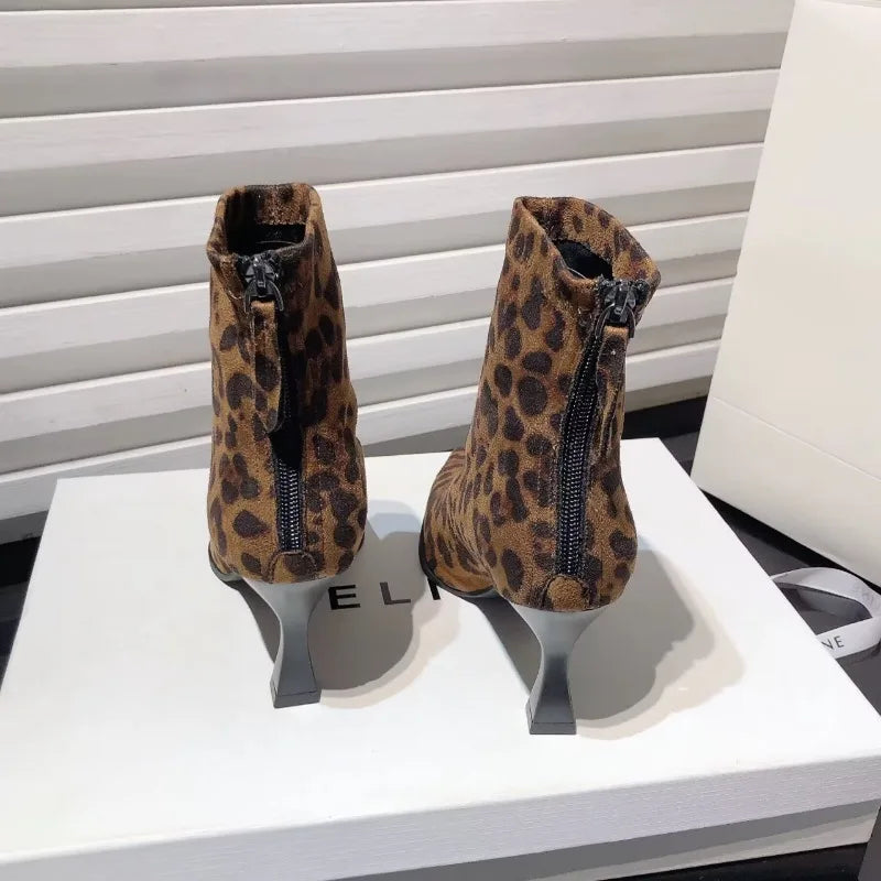 Autumn Women's High Heel Leopard Print Ankle Boots New Winter Pointed Head Thin Heel Chelsea Boots for Shoes Dress D503