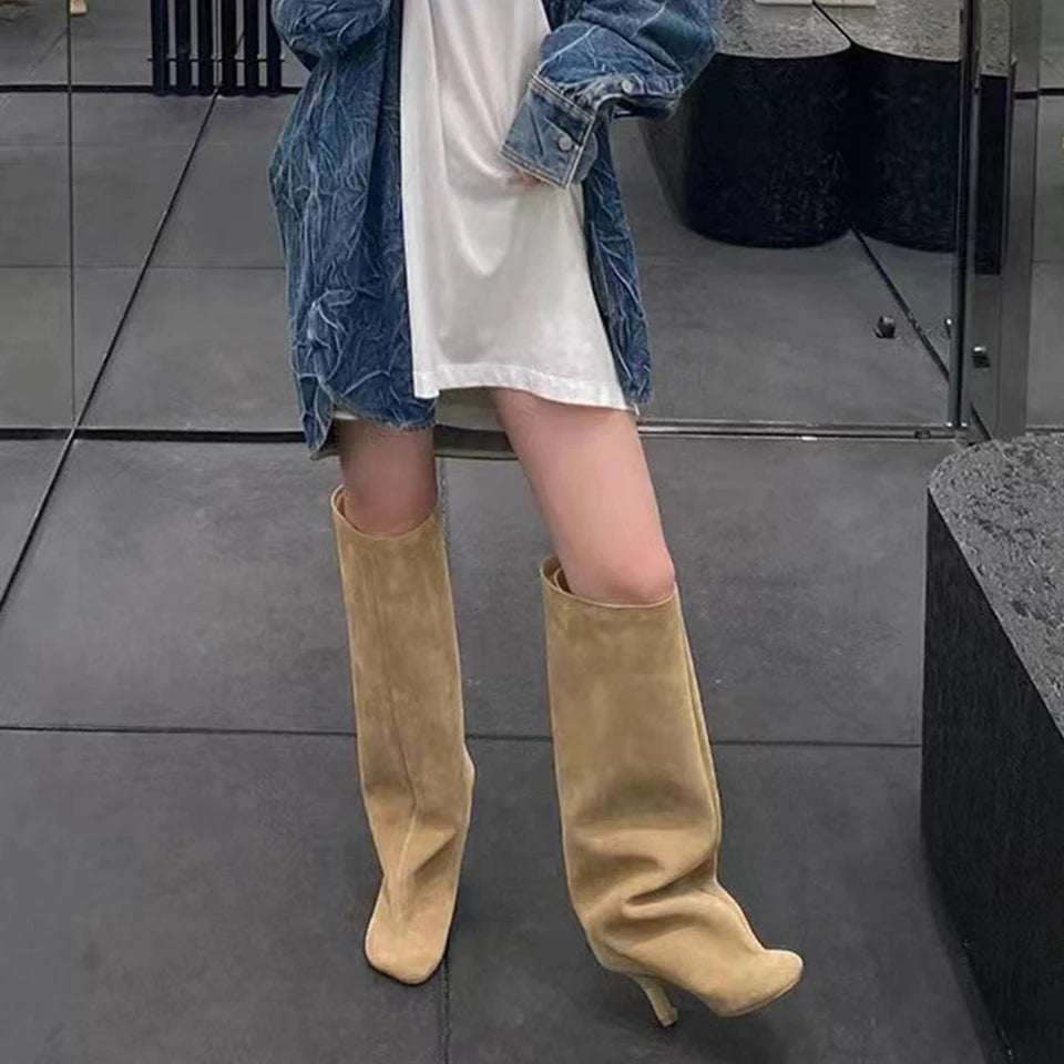 Women Knee High Boots Wide Calf Stiletto Boots Square Toe Pull On High Heel Boots All Matched Non Slip for Outdoor Travel