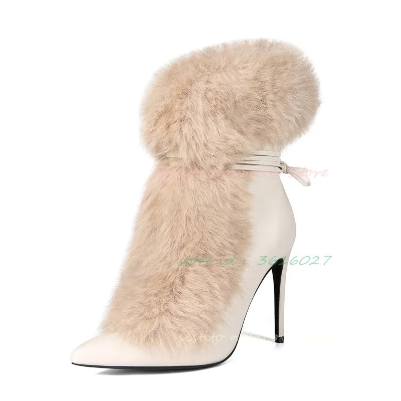 Pointed Toe Fur Mid Calf Boots Stiletto Heels Ankle Straps Fashion Warm Shoes In Winter Solid Plush Sexy Party Dress Shoes