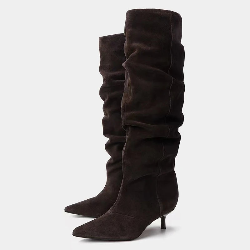 Winter Pleated Suede Knee High Boots Women Retro Brown Pointed Toe Kitten Heels Boots Designer Comfortable Light Botas Mujer