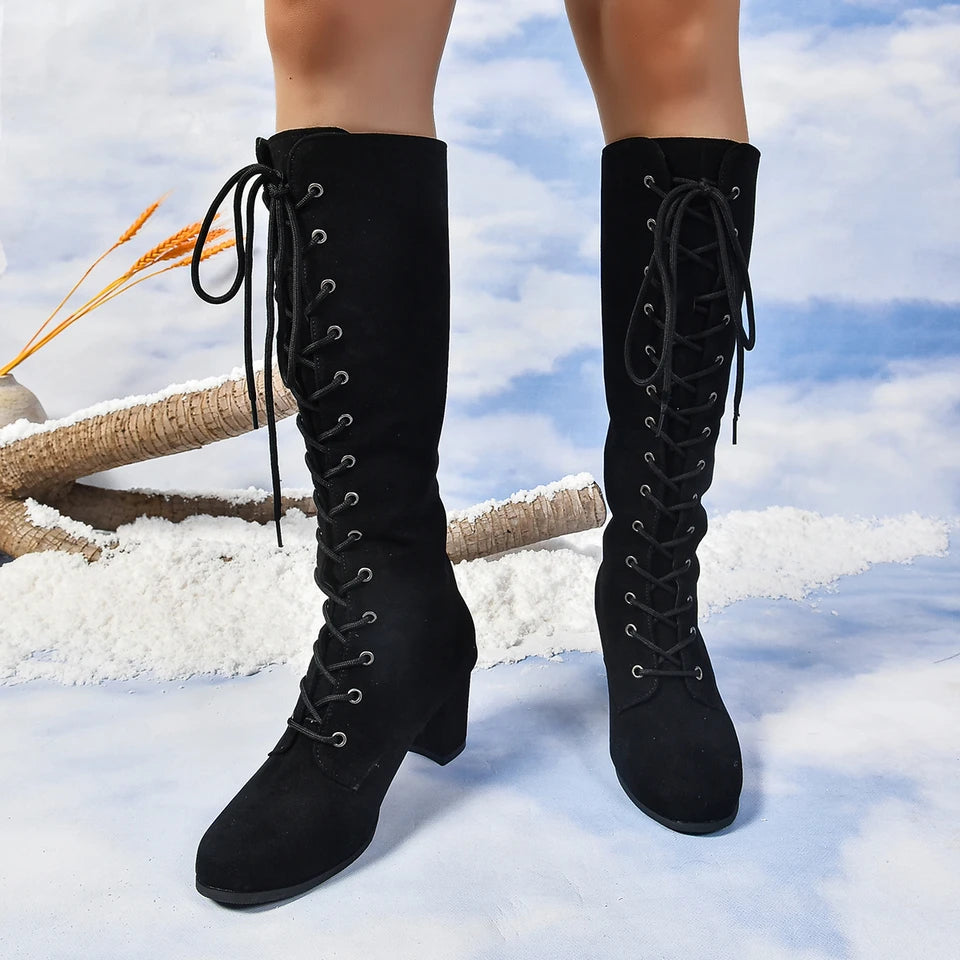 2024 New Autumn Trend Comfortable Designer Mid-calf Fashion Boots Woman Middle Heels Knee High Lace Up Boots Shoes for Women