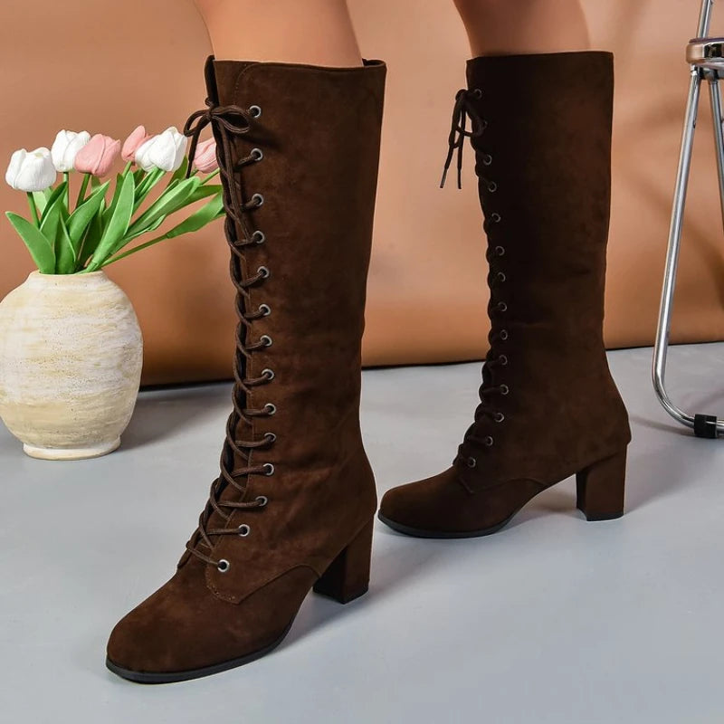 2024 New Autumn Trend Comfortable Designer Mid-calf Fashion Boots Woman Middle Heels Knee High Lace Up Boots Shoes for Women