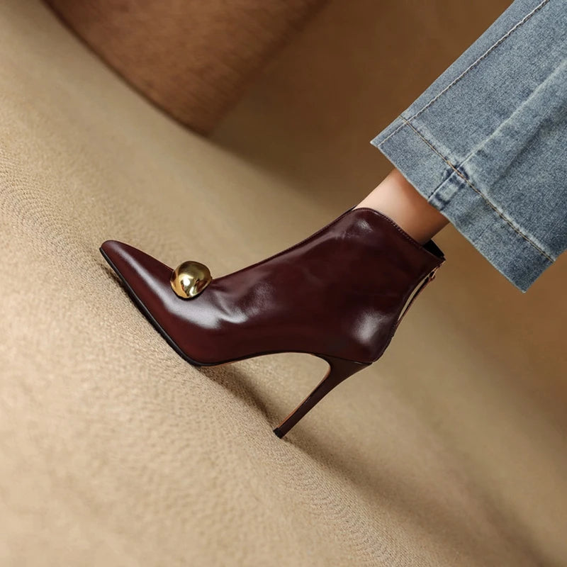 NEW Autumn Ankle Boots Genuine Leather Shoes for Women Pointed Toe Thin Heel Shoes Zip Metal Modren Boots Super High Heel Boots