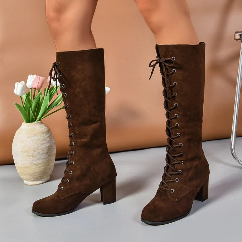 2024 New Autumn Trend Comfortable Designer Mid-calf Fashion Boots Woman Middle Heels Knee High Lace Up Boots Shoes for Women