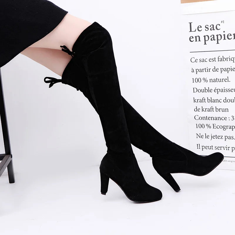 Thick Sole Knitted Long Boots for Women Fashion Elastic Socks Shoes Boots Over Knee Heels Botas De Mujer 2024 Pointed High Heels