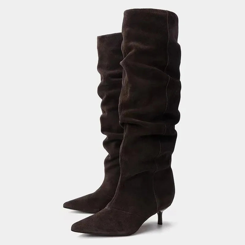 Winter Pleated Suede Knee High Boots Women Retro Brown Pointed Toe Kitten Heels Boots Designer Comfortable Light Botas Mujer