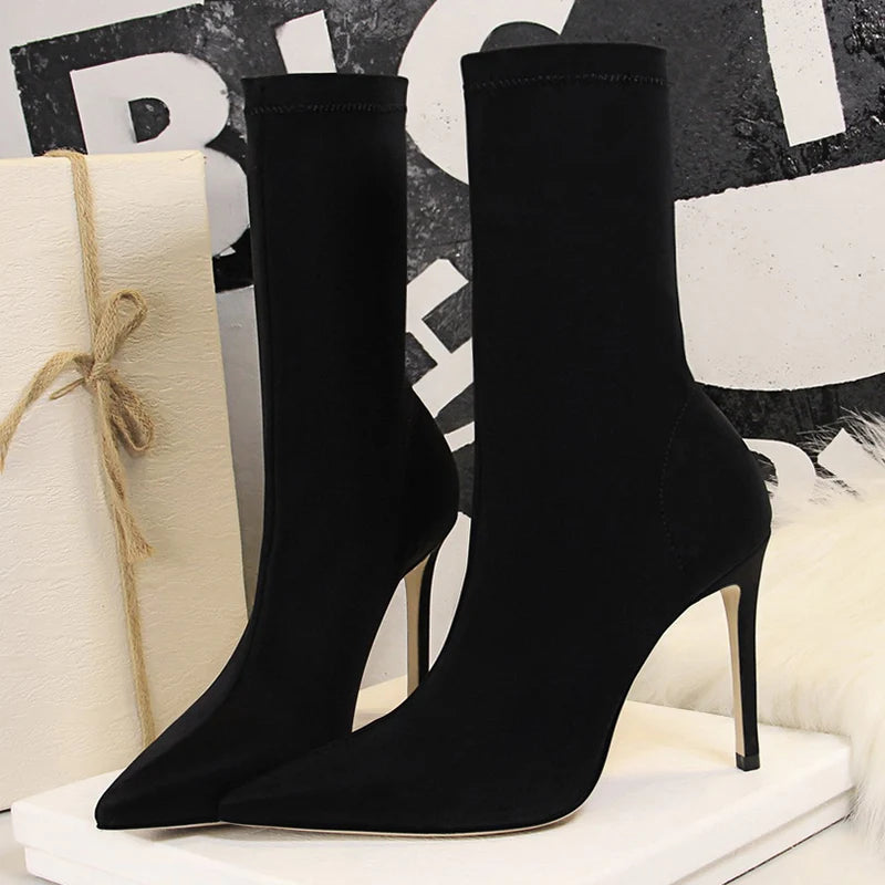Women 7.5cm 10cm High Heels Silk Sock Boots Green Low Heels Short Ankle Boots Lady Stripper Winter Pointed Toe Satin Sexy Shoes