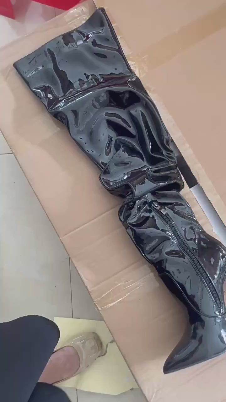 Over-the-knee Boots Women Fashion Pointed Toe Black Side Zipper Thin High Heels Female Shiny Pleated High Heel Botas 2024